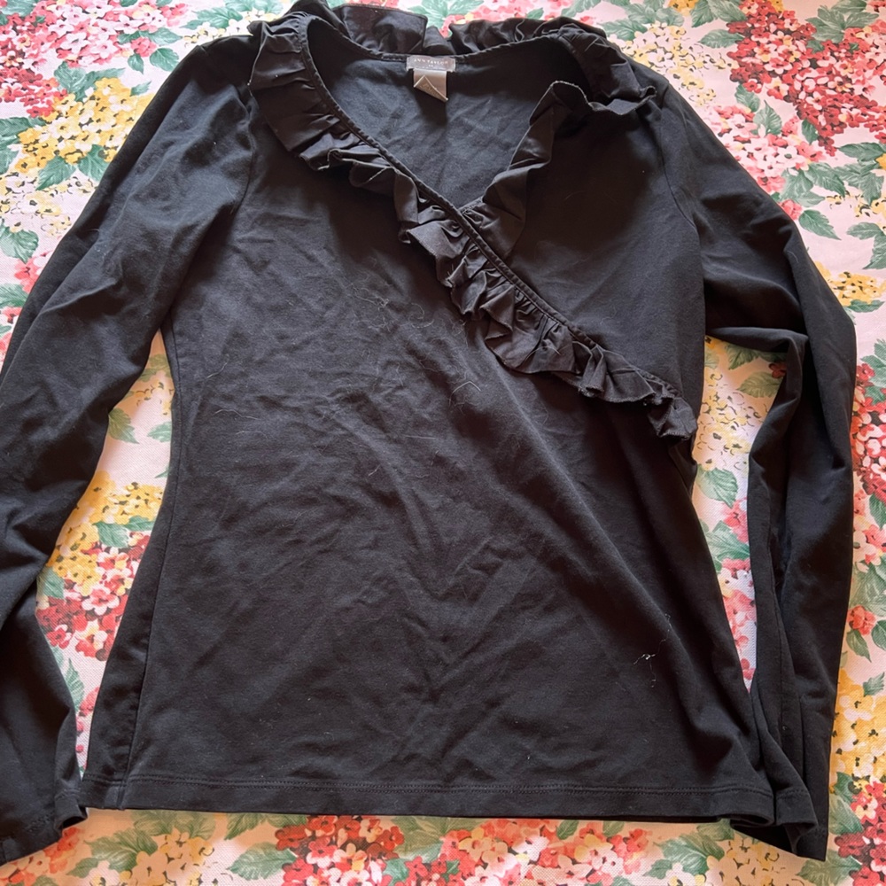 Ann Taylor Black Ruffle Long Sleeve Top